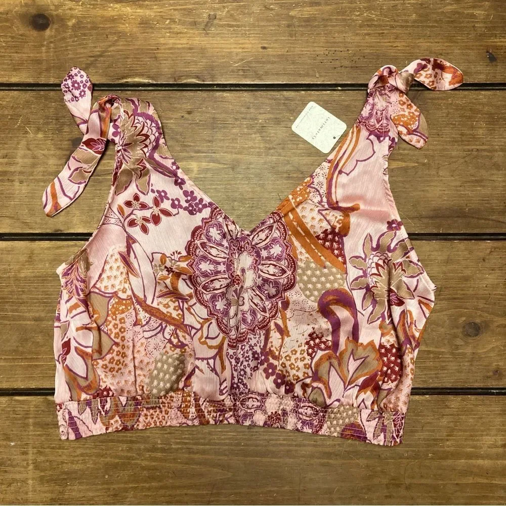 Free People Weekend In Montauk Tank Top Large Smocked Crop Tie Strap NWT Pink